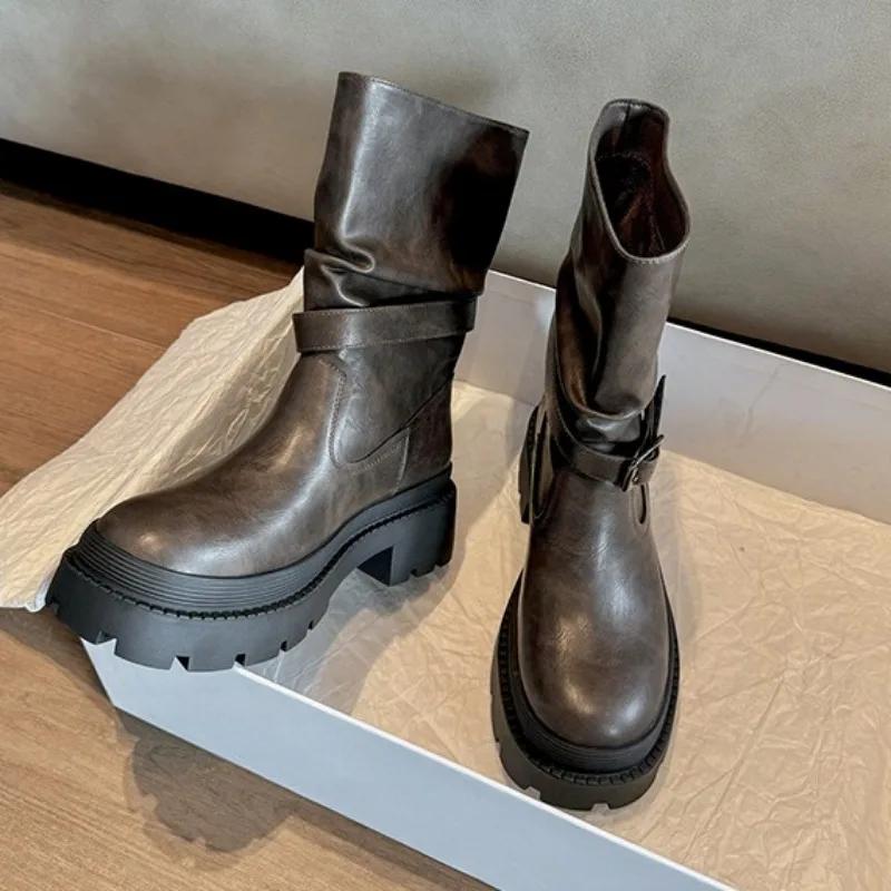 Shoes Female 2024 High Quality Slip-on Women's Boots Fashion Belt Buckle Modern Boots Women Hot Sale Round Toe Mid-Calf Boots