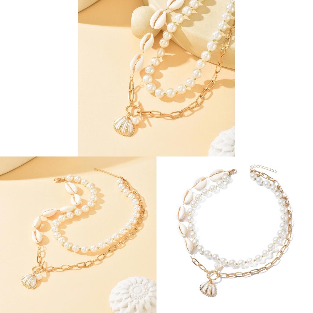 Geometric Shell Pendant Necklace Layered Chain With Alloy Charm For Casual Summer Wear