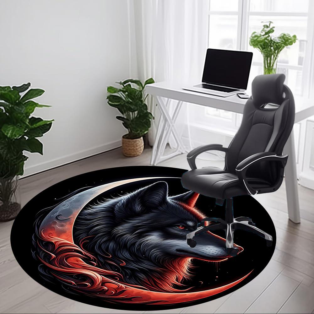 1pc Moon Wolf Office Round Area Rug, Under Office Chairs Bedroom Living Room Home Decor, Room Deco