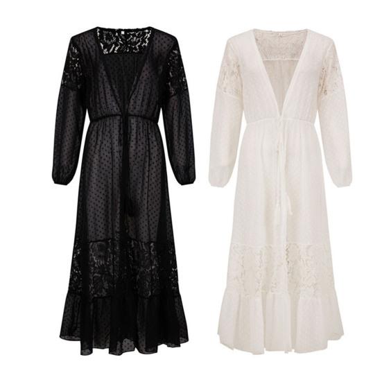 Летнее бикини, прозрачное кружевное тонкое кардиган с длинными рукавами и кисточками, солнцезащитный крем, лоскутное платье макси на шнуровке, летнее пляжное платье, женская одежда