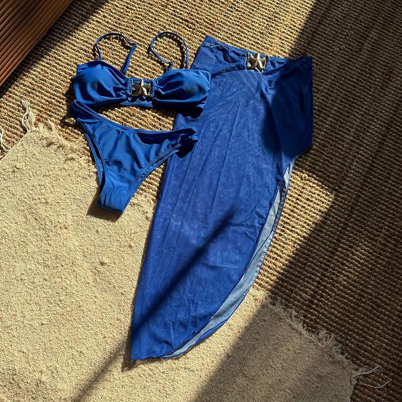 Женский купальник из 3 частей, металлический купальник бикини со звездой, юбка из пряжи с высокой талией, накидки, купальник на подтяжках с открытой спиной, лето, новинка