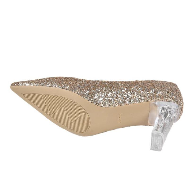 2024 Летняя новая верхняя одежда Большие размеры Туфли с коротким носком для женщин Остроконечные блестящие универсальные туфли с кристаллами на высоком каблуке для женщин