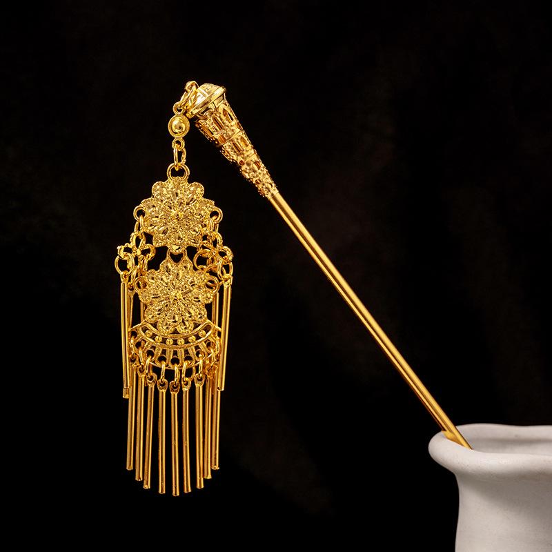 Hollow Geometric Tassel Hairpin for Women - Ethnic Style with Water Drop Leaf Round Design, Hanfu Accessory