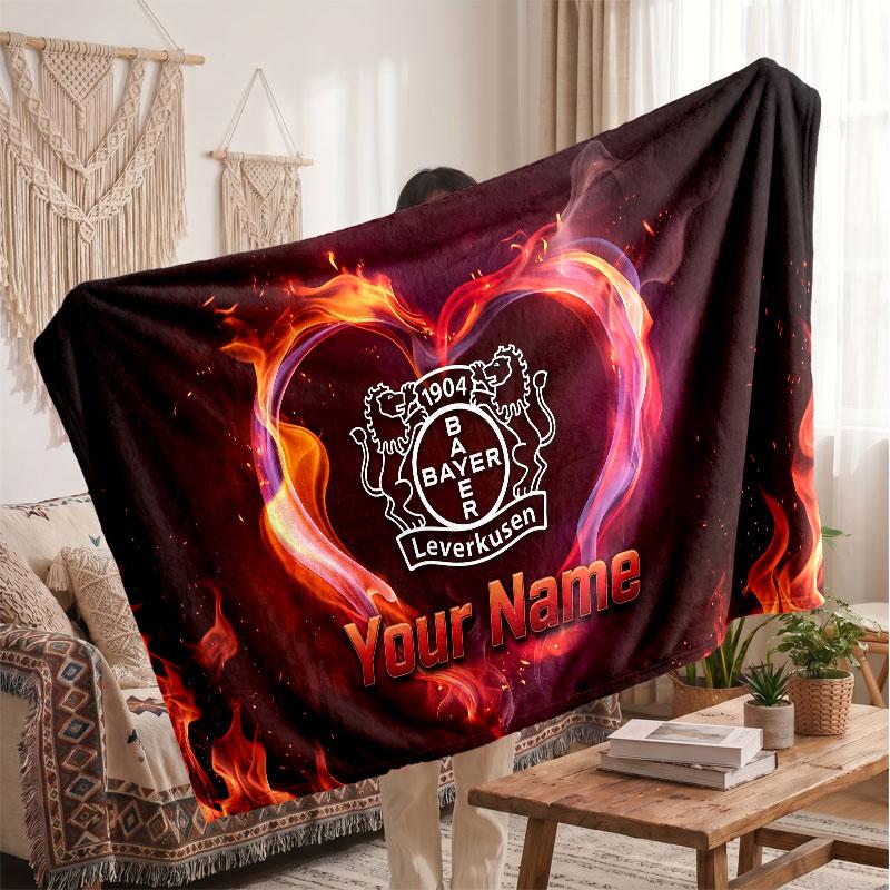 Bayer Leverkusen Football Personalized Fleece Blanket With Football Logo, Custom Name Text Soft Warm Home Throw Blanket