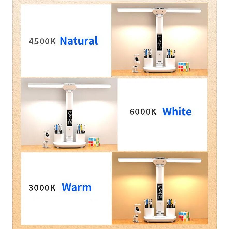 Светодиодные часы, настольная лампа, USB-зарядка, регулируемая яркость, настольные лампы, 2 головки, поворот на 180 градусов, складная защита глаз, настольные ночники для чтения