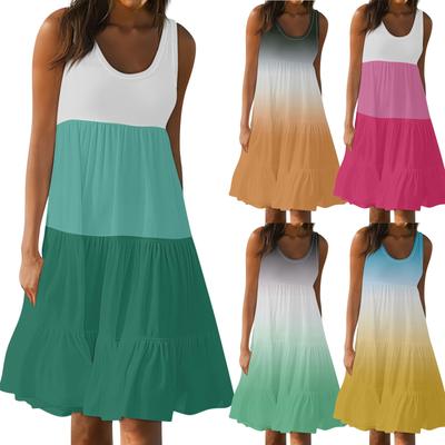 Женские платья-жилеты Лето-весна Плиссированные богемные платья Симпатичные струящиеся пляжные платья без рукавов Прямая футболка Платья-майки Платья с круглым вырезом