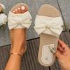 Women's Beige Bowknot Decor Flat Slippers Lightweight Non Slip Outdoor Beach Slides for Woman Comfort One Strap Casual Slippers