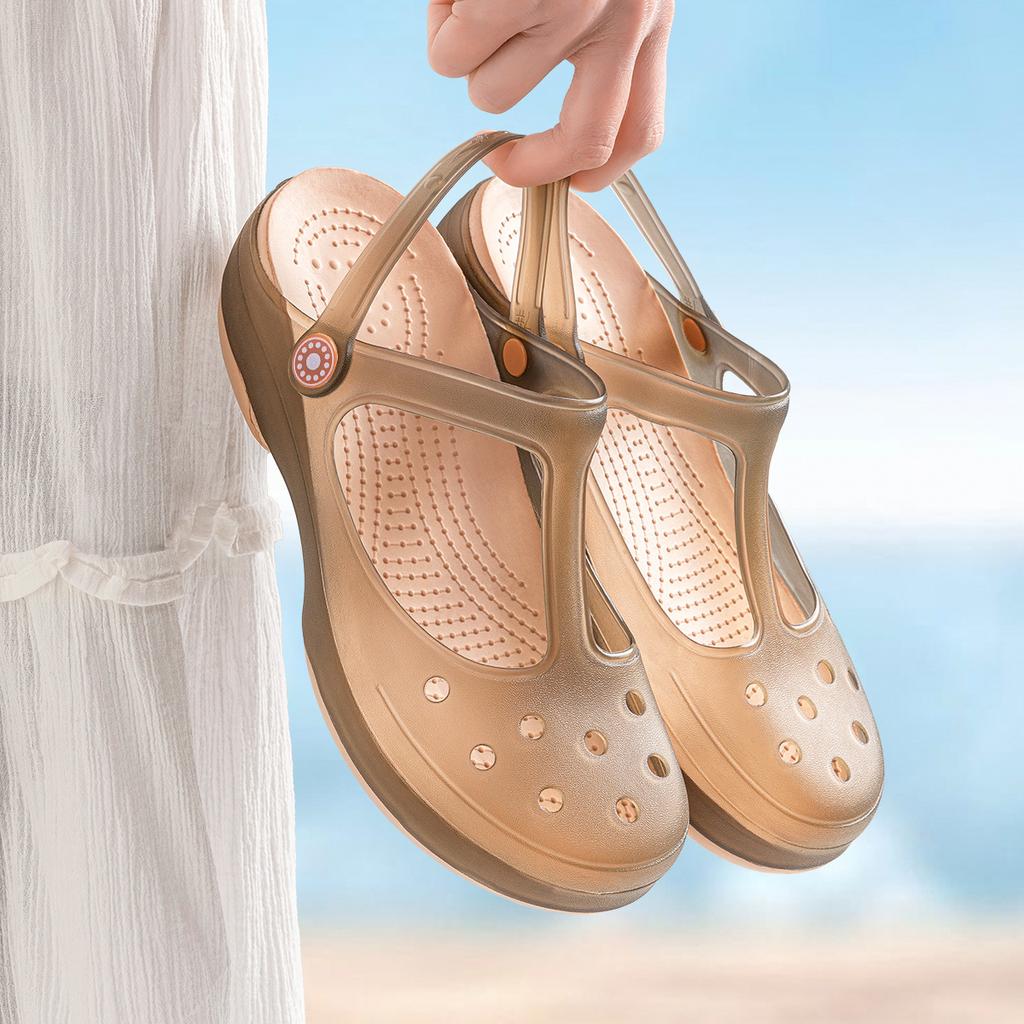Платформенные туфли с отверстиями женские 2024 новые желе пляжные туфли летом нескользящие Мэри Джейн с закрытым носком крутые шлепанцы
