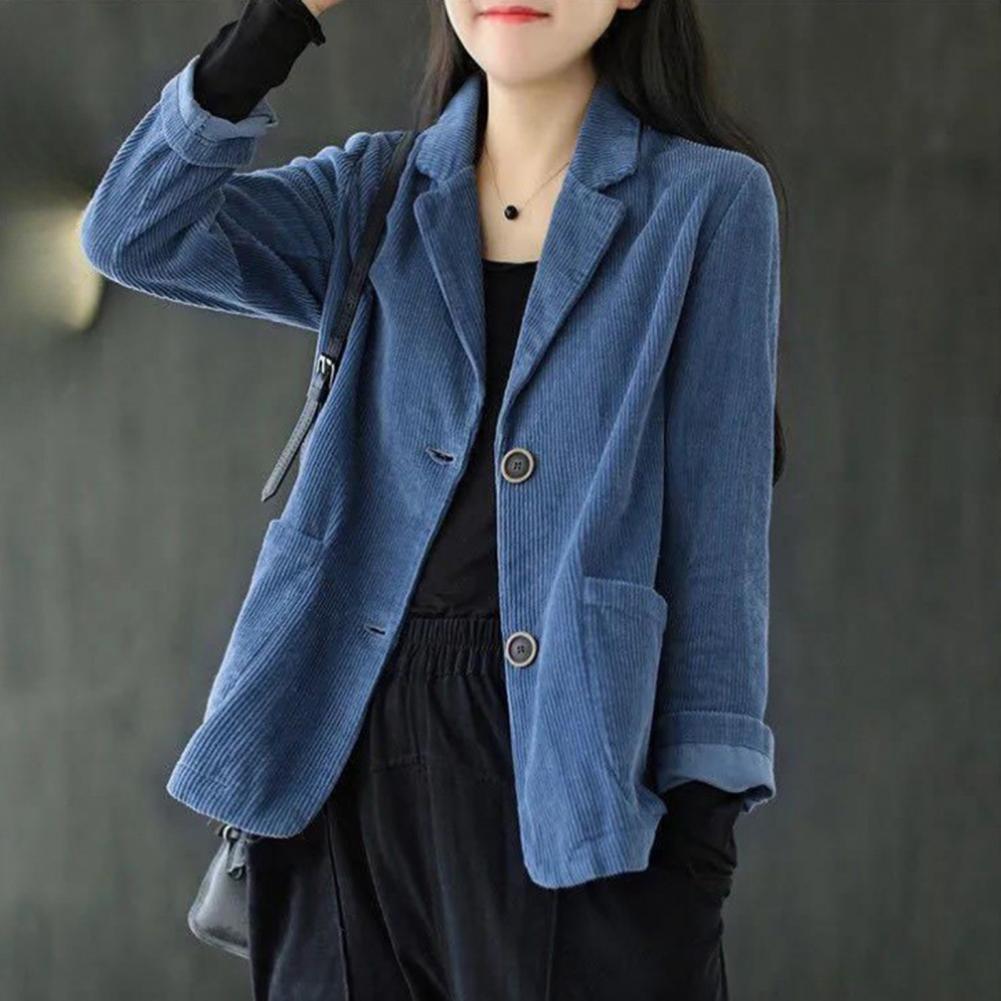 Corduroy Suit Coat Women Autumn Retro Loose Fit Single-Breasted Suit Jacket Lapel Long Sleeve Solid Color Business Coat with Poc