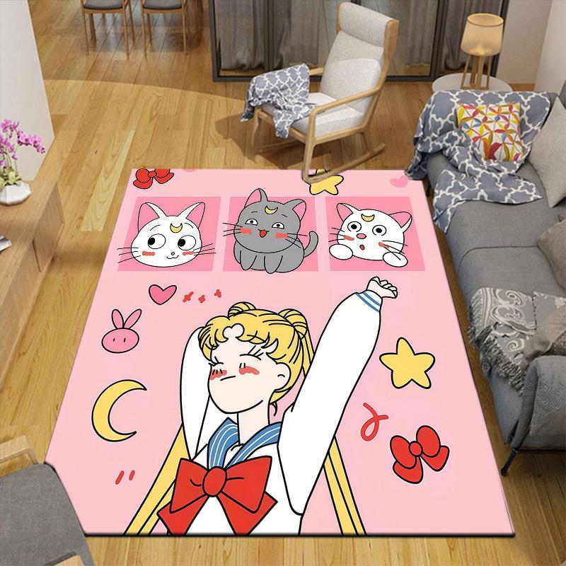 Sailor Moon Flannel Pattern Square Carpet,Area Rug,Carpet Rug for Living Room Bedroom Sofa Playroom Decor,Non-slip Floor Mat