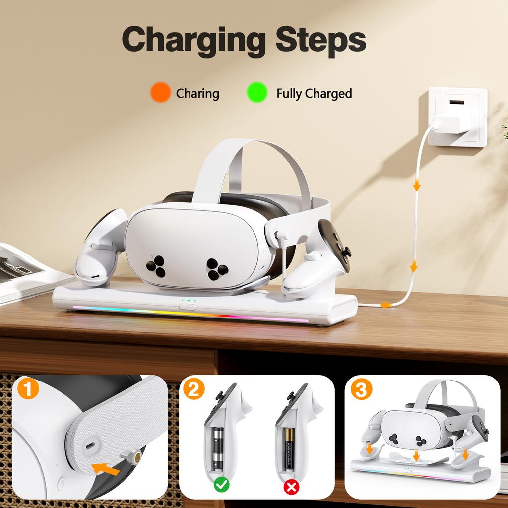 Meta Quest 3S/Quest 3/Quest 2 charging dock, magnetic charging station for VR headphones and controller, with 2 1800mAh recharge