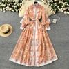 Spring Autumn Women Big Size Print Single Breasted Long Maxi Loose Seaside Holiday Beach Dresses with Belt