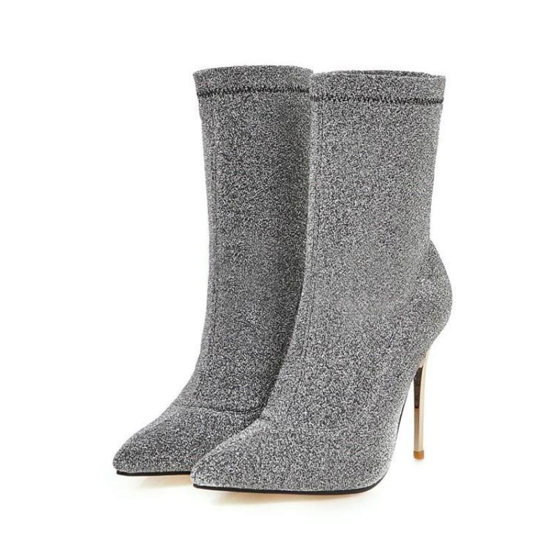 Сексуальные ботильоны-носки женские эластичные облегающие ботильоны для женщин на высоком каблуке модные леопардовые серебристые туфли для вечеринки весна осень большой размер 48