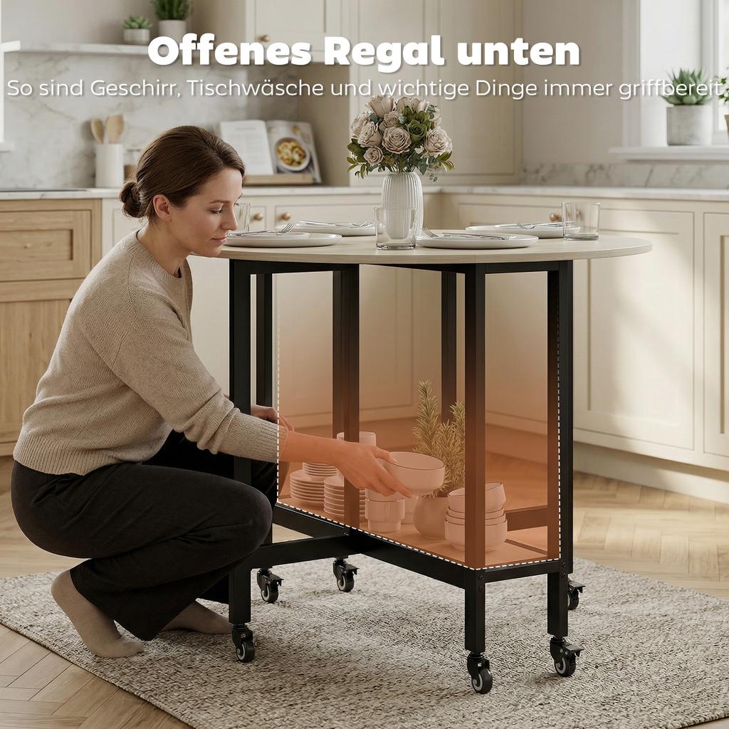 Folding Table, Table with Fold Function and Open Shelf, Rolling Kitchen Table for Dining Room, Small Spaces, Natural