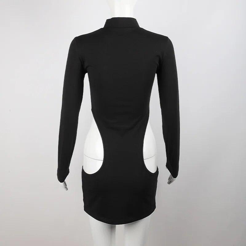 Черная облегающая мини-юбка, женское сексуальное уличное платье с полыми рукавами и длинными рукавами, праздничное платье, женская майка на весну и осень