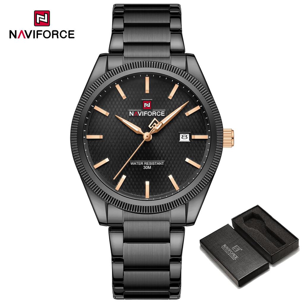 Naviforce Оригинальные простые мужские часы с календарем, кварцевый механизм, люминесцентные стрелки, водонепроницаемость 3 АТМ, ремешок из нержавеющей стали, мужские часы NF9276S