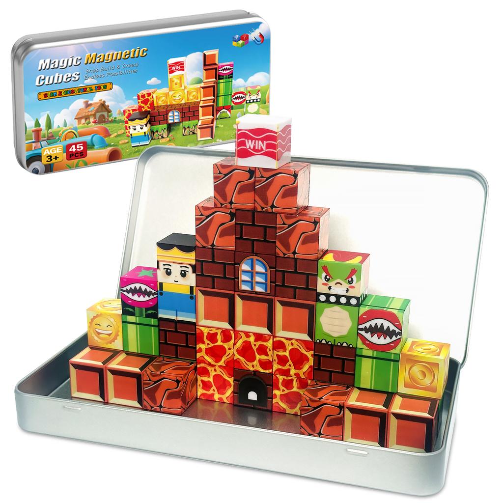 Magnetic Blocks Building Toys Set Toddler Kids Sensory Toys for Boys & Girls Magnetic Cubes Game with Storage Iron Box