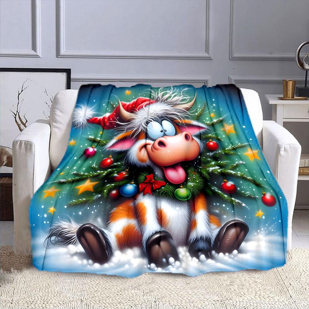 Christmas Cow with Festive Decorations Patterned flannel blanket perfect for the bedroom living room, sofa, or a little nap