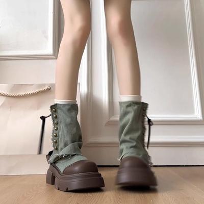 Джинсовые сапоги-трубы женские на платформе маленький британский стиль ботинки Мартина 2025 новый летний ретро на наборном каблуке короткие сапоги