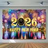 Black Gold 2026 New Year Backdrops Polyester Night Glittering Party Background Colorful Balloon Champagne Photo Background