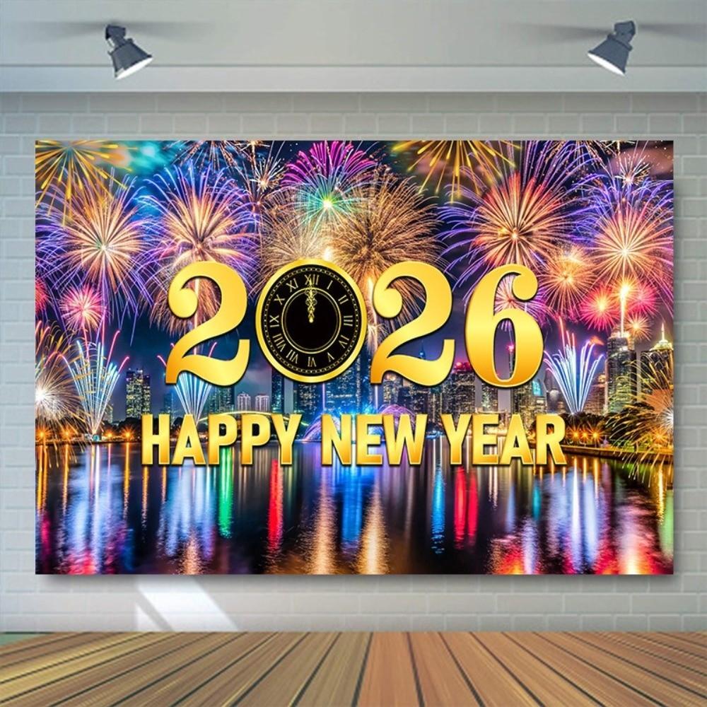 Black Gold 2026 New Year Backdrops Polyester Night Glittering Party Background Colorful Balloon Champagne Photo Background