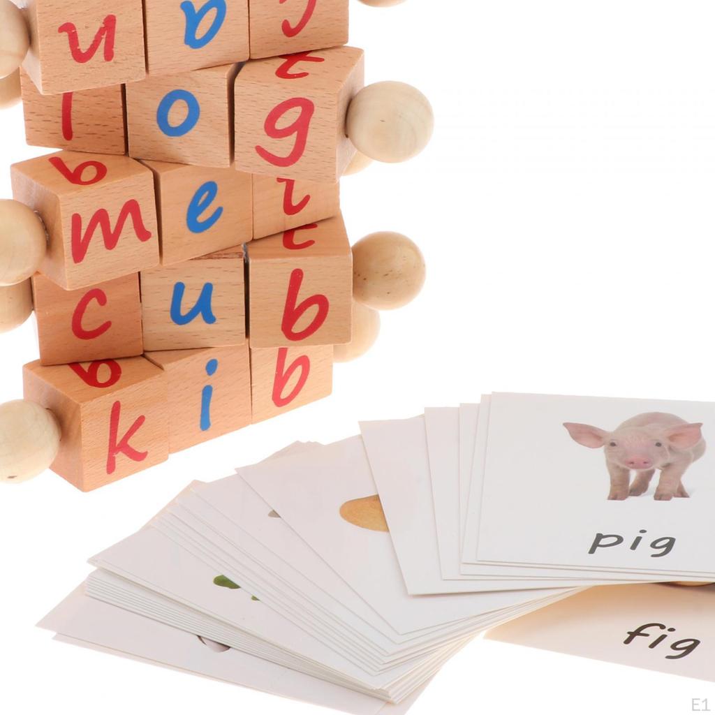 Wooden Reading Blocks Short Vowel Rods Flash Cards Alphabet Puzzle Educational Toy Sight Words