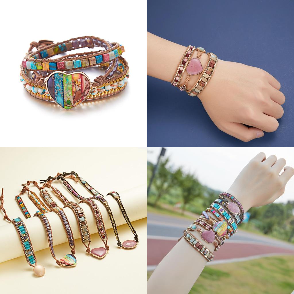 Ethnic Style Three Layer Winding Leather Jewelry With Colorful Crystal Chips For Fashion Wear
