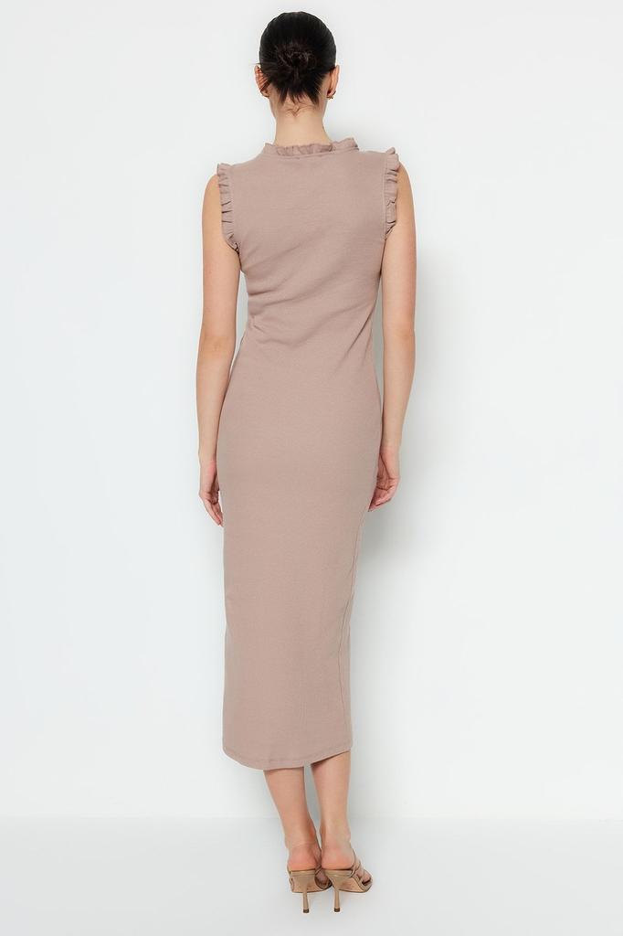 Women's Style Dress Mink Ruffle Detailed Ribbed Bodycone Fitted Midi Smart Flexible Knitted Pencil Dress