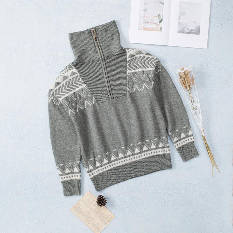 Женский осенне-зимний модный свитер со стоячим вырезом и геометрическим узором, свободный повседневный топ на молнии с длинными рукавами