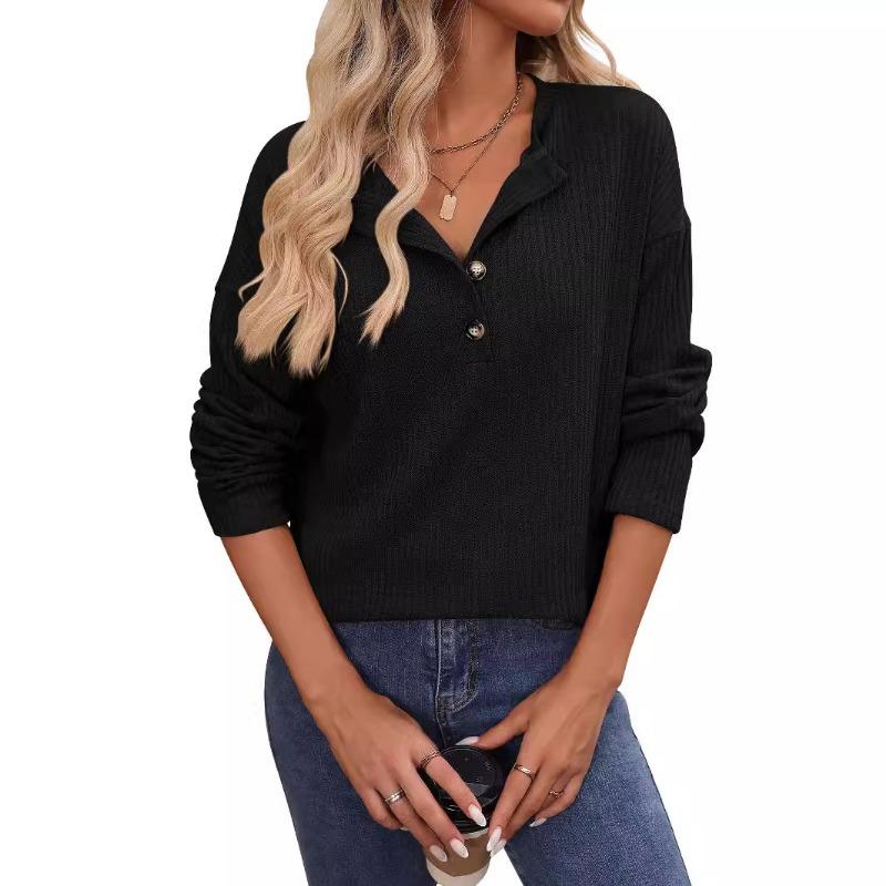 Women's Autumn and Winter Loose Casual Pit Strip Long Sleeve Button T-shirt Top
