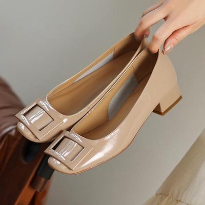 Овчина Весна Лето Размер 41 Толстый Низкий Каблук Квадратная Пряжка Женские Туфли с Круглым Носком