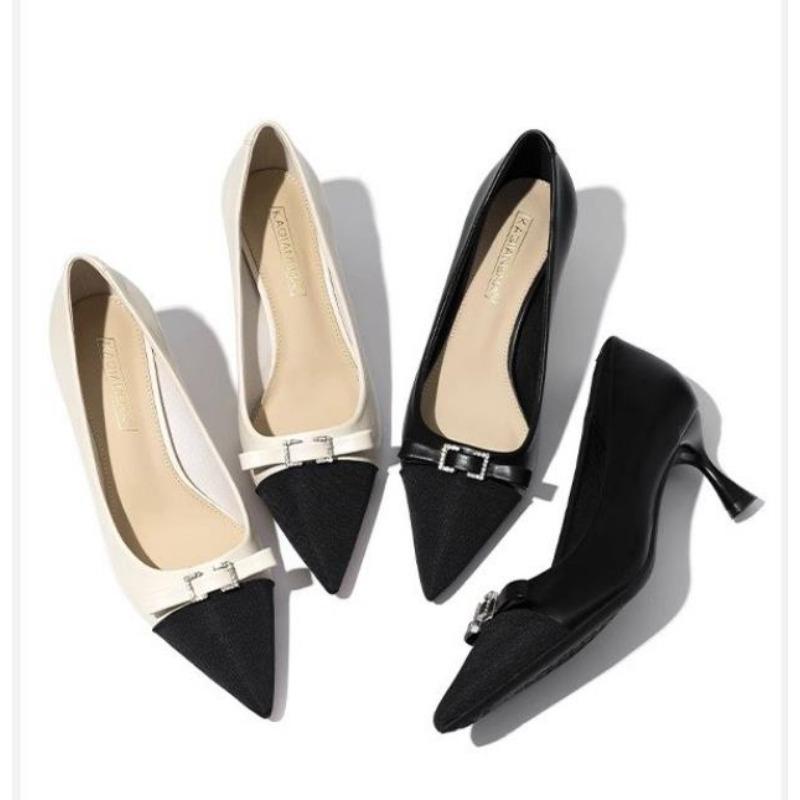 New Fashion Women's Color Blocking Comfort High Heels French Pointed Thin Heel Bow Women's Shoes Mary Jane Shoes Zapatos Mujer
