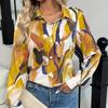 Women's Elegant Geometric-Pattern Button-Up Blouse with Lapel Collar - 100% Polyester Long Sleeve Shirt - for All Seasons