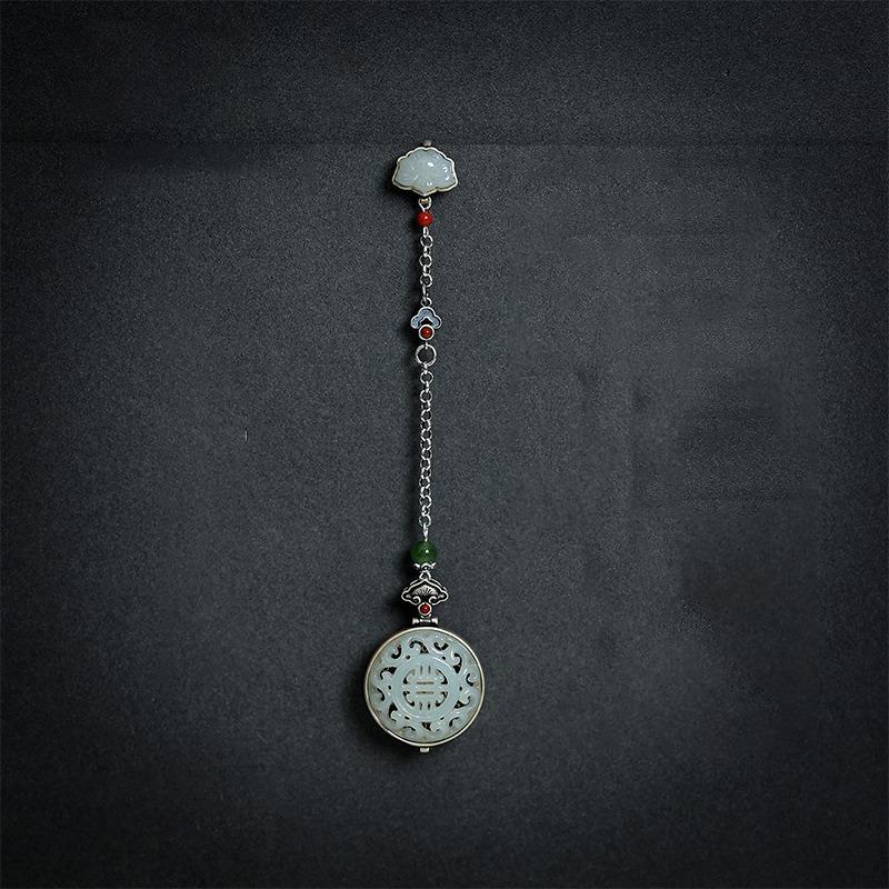 Винтажная длинная цепочка с кисточкой Ювелирные изделия Оригинальный натуральный хотанский нефрит Круглая подвеска с пуговицей Жуи Открывающиеся аксессуары для ханьфу