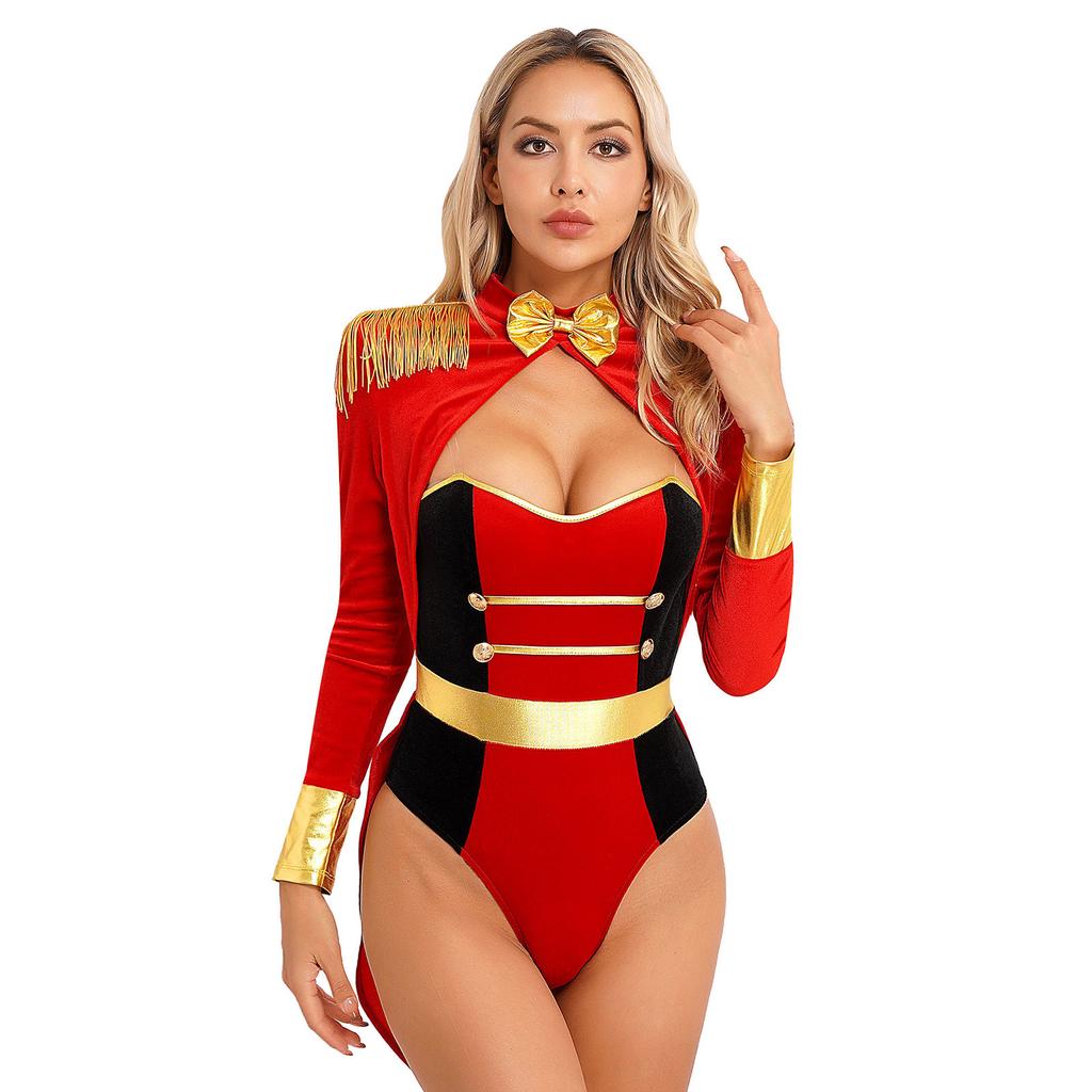 Women's Halloween Circus Ringmaster Cosplay Costume Long Sleeve Bodysuits Role Play Outfits