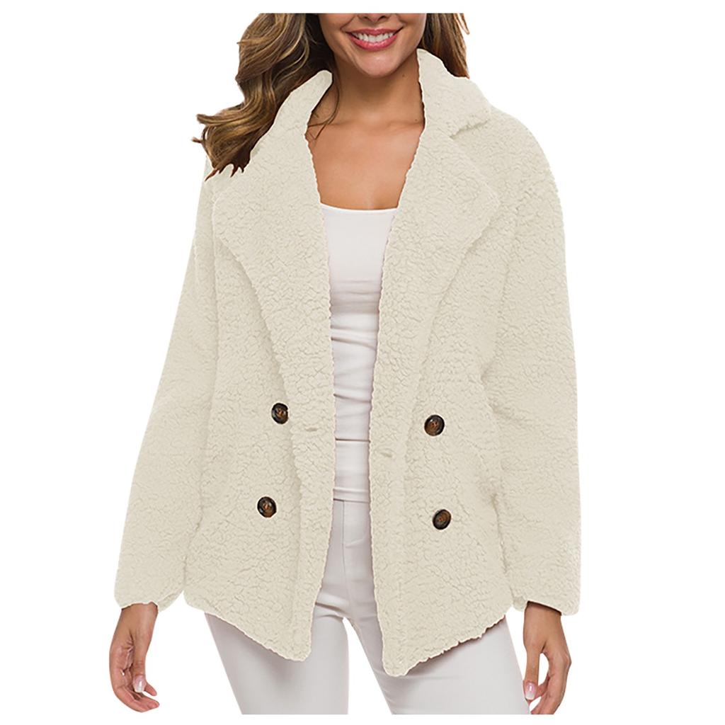 Women's Winter Casual Padded Thickened Suit Collar Button Lambswool Jacket Cardigan
