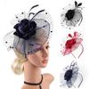Шляпа-дерби на клипсе Шикарный головной убор для дня скачек Винтажный фасинатор с сеткой и цветами для женщин