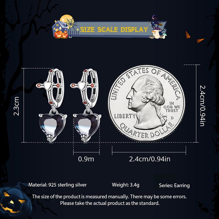 Женские серьги-кольца BAMOER из стерлингового серебра 925 пробы с сердцем, двухцветные черные серьги-кольца с кристаллами, висячие серьги с красным крестом, подарок на Хэллоуин