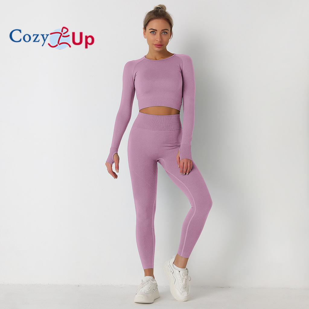 Cozy Up Тренировочные комплекты для женщин из 2 предметов для занятий йогой, бесшовные ребристые леггинсы с топами с длинными рукавами