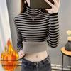 Женский зимний полосатый вязаный свитер на флисовой подкладке, полувысокая горловина, свободный крой, теплая кофта