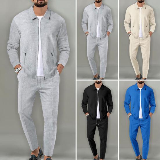 2Pcs/Set Men Outfit Lapel Long Sleeve Zipper Placket Coat Elastic Waist Adjustable Drawstring Long Pants Set