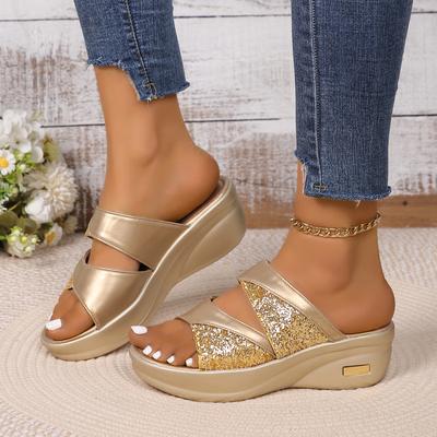 Мода Модные женские повседневные босоножки на танкетке с блестками из искусственной кожи на танкетке удобные босоножки для женщин весна-лето на танкетке тапочки