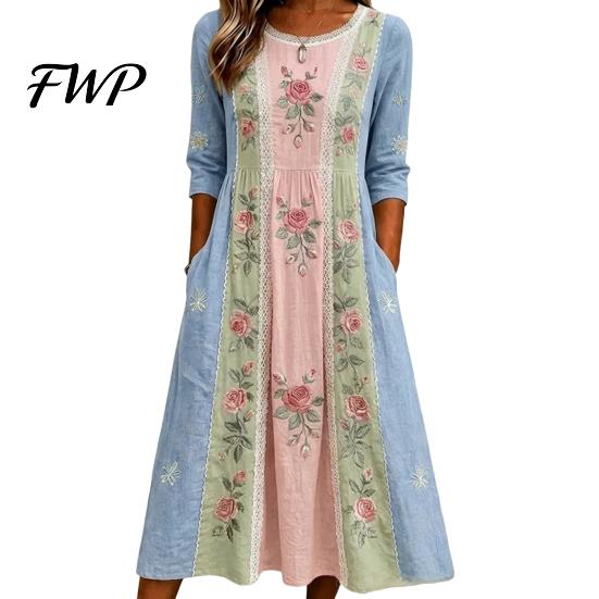 Slimming Dresses to Hide Tummy Long Sleeve Floral Dress, Women Cottagecore Waist Cinching Versatile Print Midi Autumn Dress for Vacation Street Party