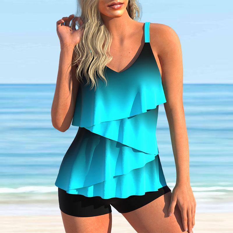 Женские купальники танкини, купальник из 2 предметов, синий лист лотоса с градиентным принтом, купальные костюмы для отпуска