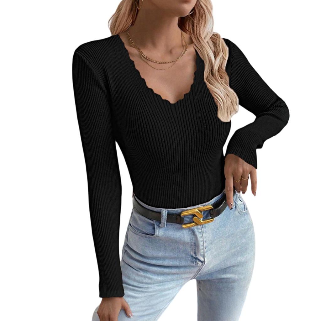Women's V-neck Solid Color Long-sleeved Pullover Knitted Sweater Bottoming