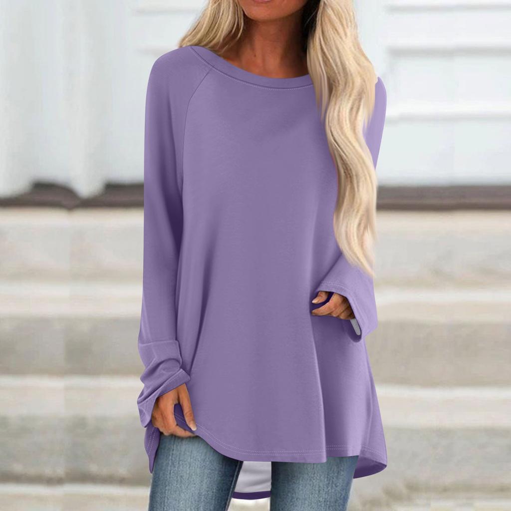 Women's Fashionable Loose Mid-length Round Neck Pullover Solid Color Raglan Sleeves Long-sleeved Casual Top