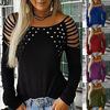 Women Fashion Neck Hollow-Out Studded Long Sleeve T Shirts Casual Tops