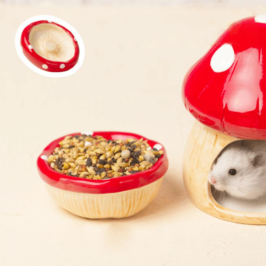 Ceramic Hamster House Mushroom Shaped Pet Habitat Nest Indoor Cartoon Sturdy Hamster Hide Bed For Small Animal Food Bowl
