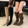 Женские остроносые ботфорты на высоком каблуке, новинка осени 2025 года, французский хаки, на тонком каблуке, плиссированные ботфорты-чулки, ботфорты-рыцари