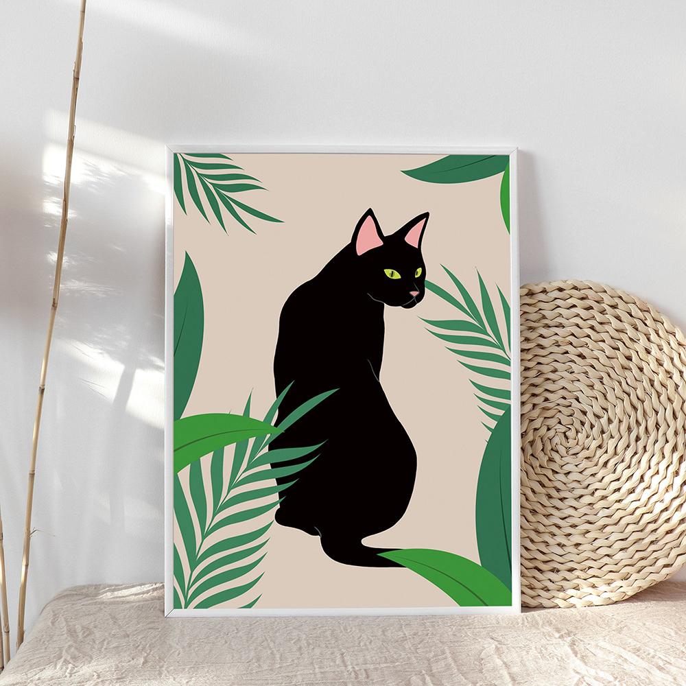 Ботанический черный кот, настенная живопись на холсте, стиль бохо, постер с животными, принты с тропическими растениями, забавные кухонные картины для домашнего декора